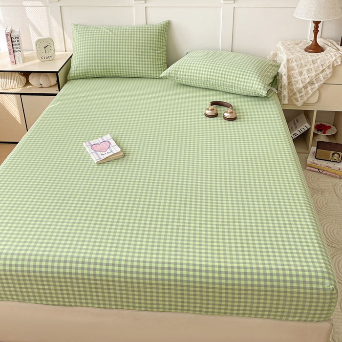 91家纺网 家纺一手货源 找家纺 2025新款全棉水洗棉套件-单床笠 艾莎绿小格