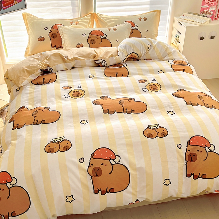 91家纺网 家纺一手货源 找家纺 2025新款原创设计卡皮巴拉全棉四件套-有作品登记证书 条纹巴拉