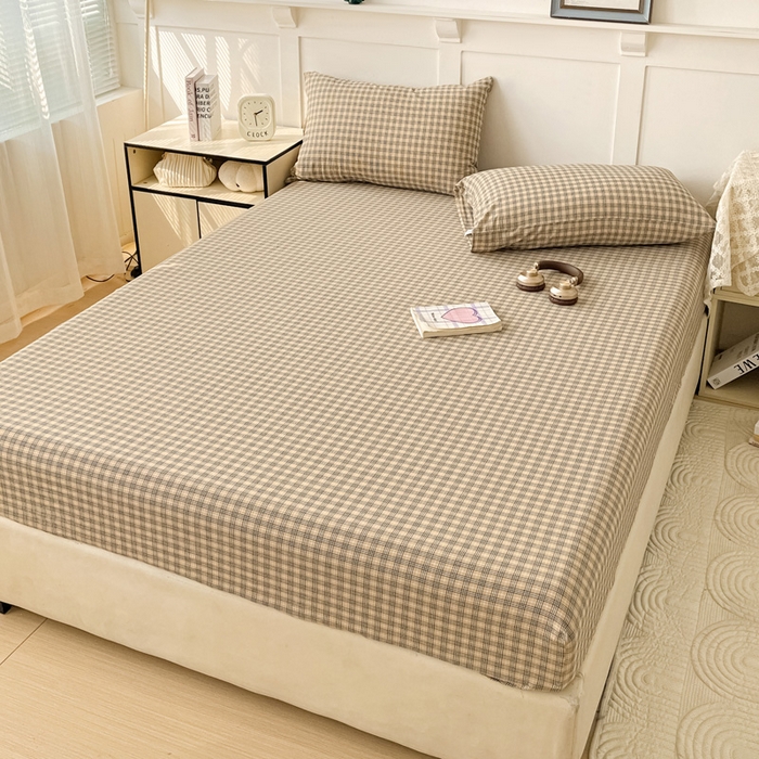 91家纺网 家纺一手货源 找家纺 2025新款全棉水洗棉套件-单床笠 春野咖