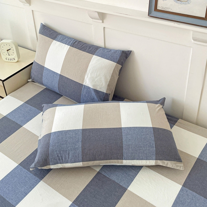 91家纺网 家纺一手货源 找家纺 2025新款全棉水洗棉套件-单床笠 蓝大格