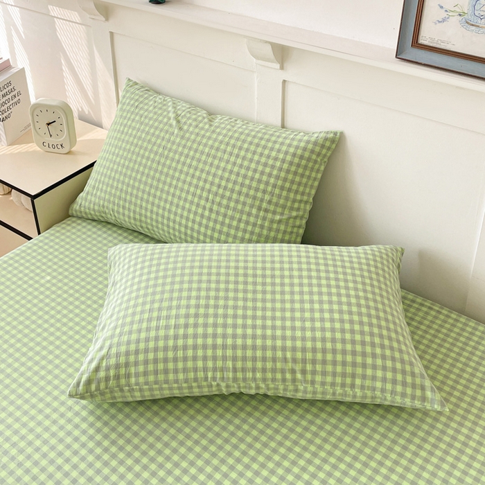 91家纺网 家纺一手货源 找家纺 2025新款全棉水洗棉套件-单床笠 艾莎绿小格