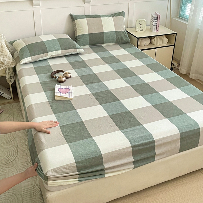 91家纺网 家纺一手货源 找家纺 2025新款全棉水洗棉套件-单床笠 绿大格