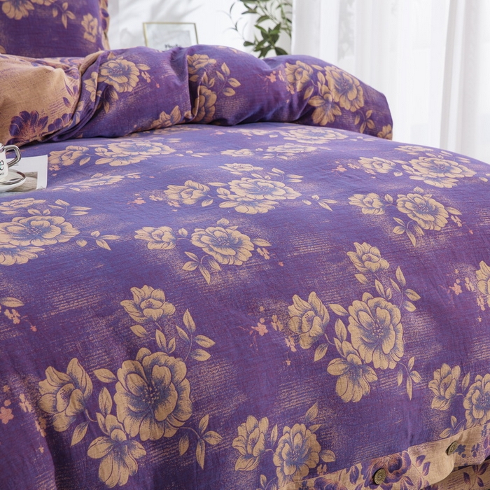 91家纺网 家纺一手货源 找家纺 2025新款全棉色织双层纱纽扣款四件套 云纱-紫罗兰