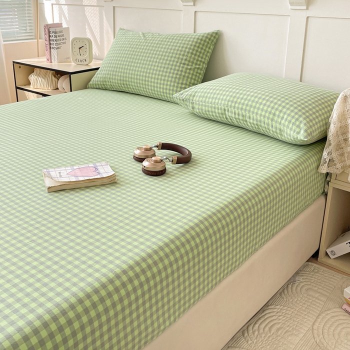 91家纺网 家纺一手货源 找家纺 2025新款全棉水洗棉套件-单床笠 艾莎绿小格