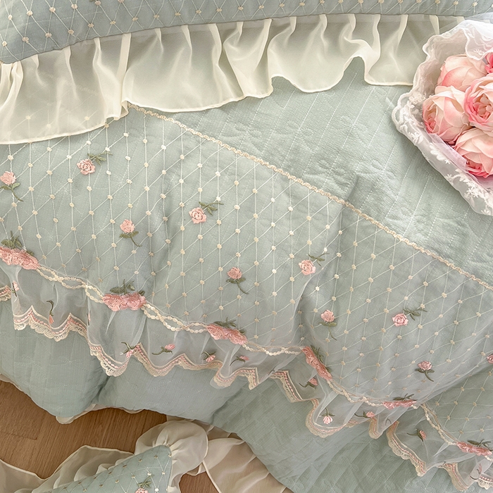 91家纺网 家纺一手货源 找家纺 网红馆（ck家纺） 2025新款优舒棉蕾丝花边床裙四件套-玛格丽 水绿