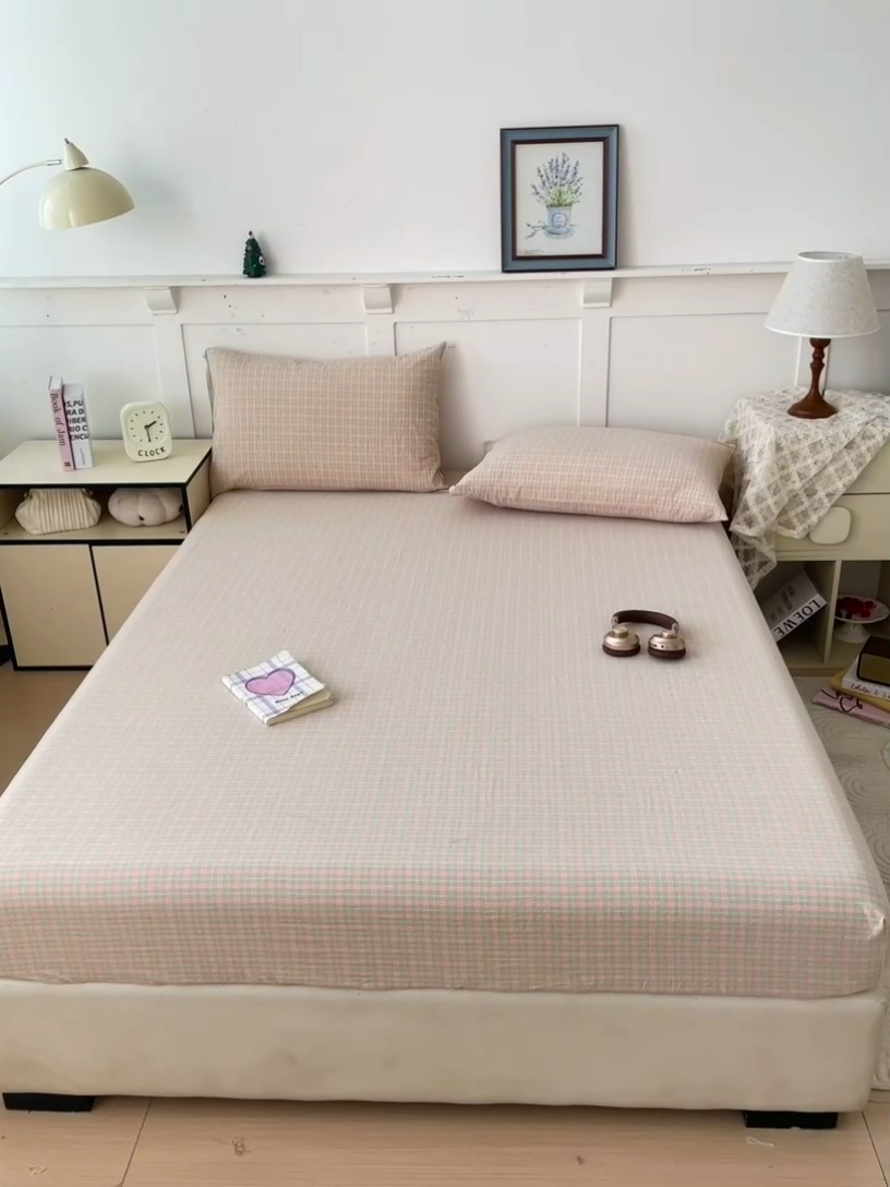 91家纺网 家纺一手货源 找家纺 2025新款全棉水洗棉套件-单床笠 米小格