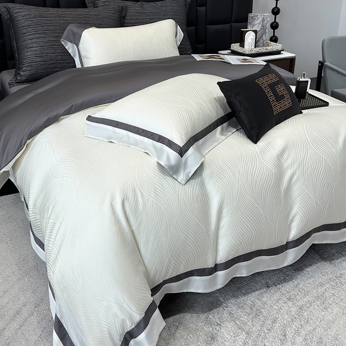 91家纺网 家纺一手货源 找家纺 若未家居 LOVEWE HOUSE 2025新款天丝提花套件撞色轻奢风四件套-天丝布拉格 天丝布拉格 奶昔白