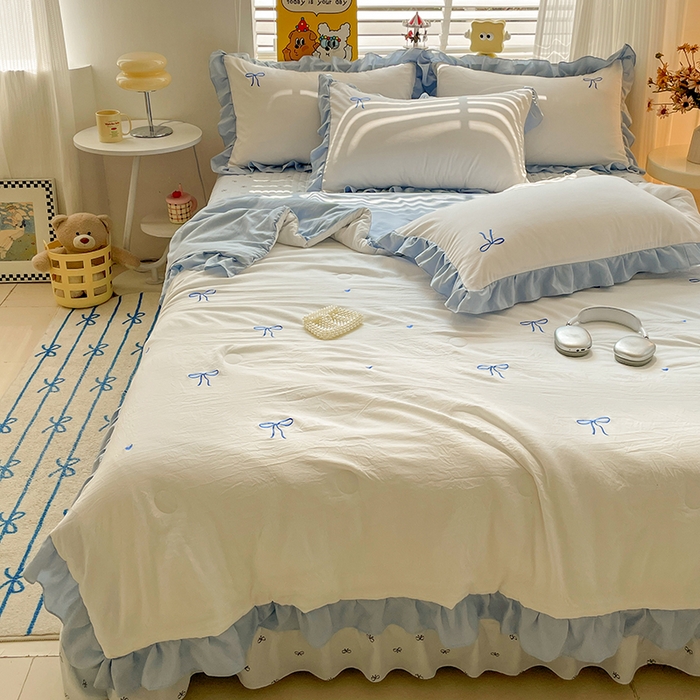 91家纺网 家纺一手货源 找家纺 （总）2025新款绣花双层纱针织棉夏被床盖四件套全棉夏被四件套