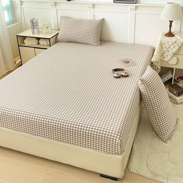 91家纺网 家纺一手货源 找家纺 2025新款全棉水洗棉套件-单床笠 米小格