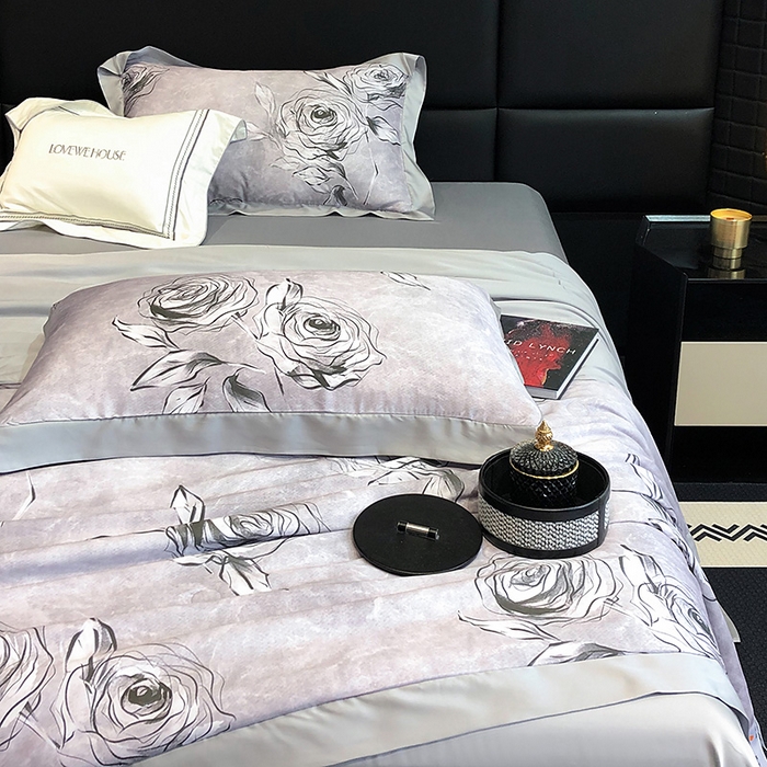91家纺网 家纺一手货源 找家纺 若未家居 LOVEWE HOUSE 2025新款兰精天丝印花夏被及夏被四件套 叶罗丽玫瑰 灰（床单款+床盖款）