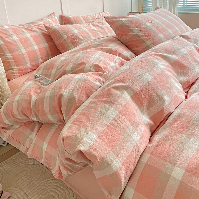 91家纺网 家纺一手货源 找家纺 大柏树 2025新款全棉水洗棉套件-床单四件套 洛伊粉咖小格