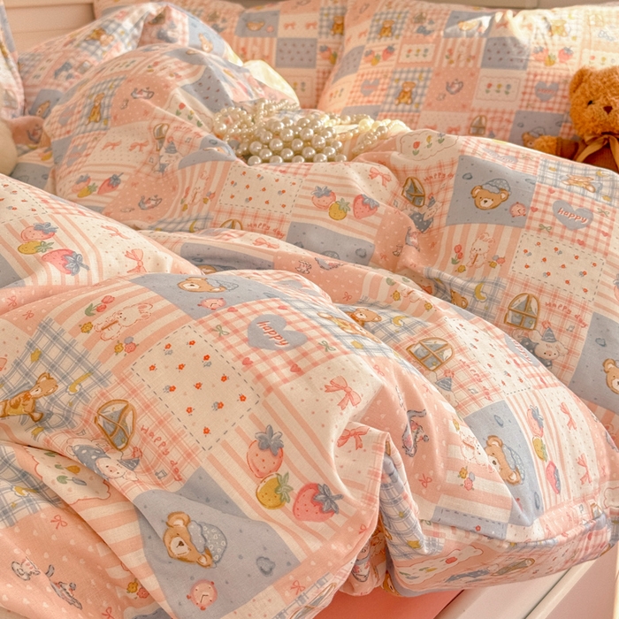 91家纺网 家纺一手货源 找家纺 呗旺鹿 2025新款A类母婴级全棉有氧双层纱印花四件套 熊熊酱