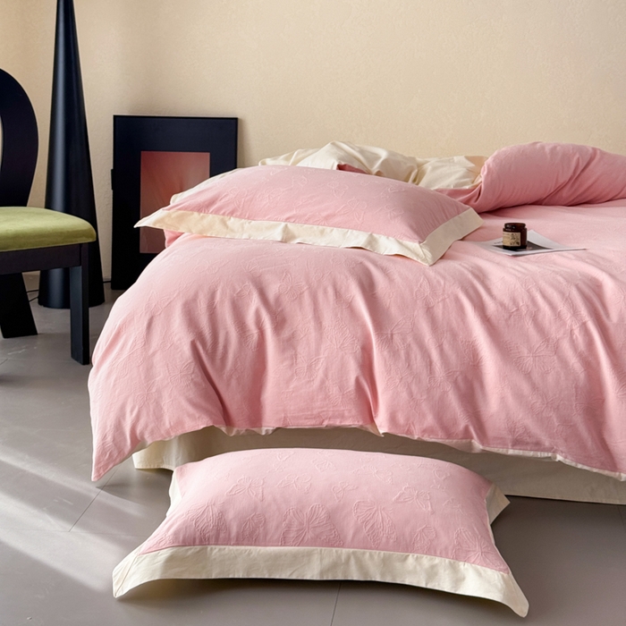 91家纺网 家纺一手货源 找家纺 若未家居 LOVEWE HOUSE 2025新款50S色织空气层水洗大提花全棉四件套 梦蝶-仙桃粉