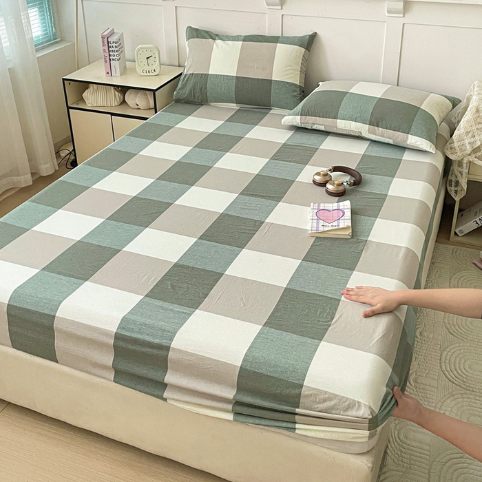 91家纺网 家纺一手货源 找家纺 2025新款全棉水洗棉套件-单床笠 绿大格