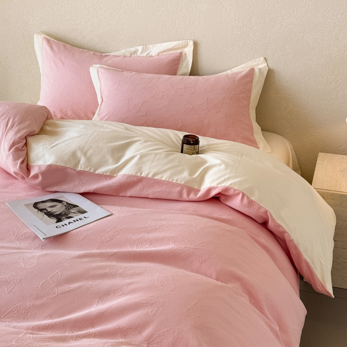 91家纺网 家纺一手货源 找家纺 若未家居 LOVEWE HOUSE 2025新款50S色织空气层水洗大提花全棉四件套 梦蝶-仙桃粉