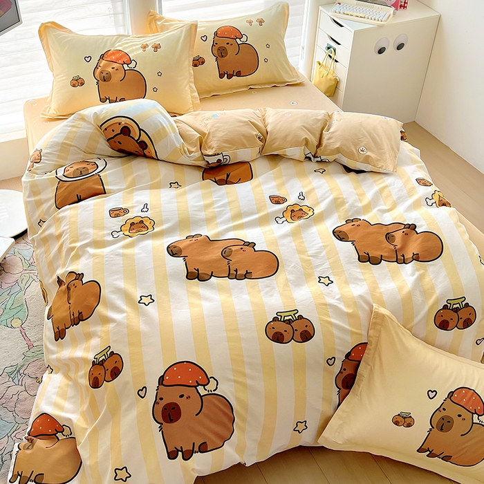 91家纺网 家纺一手货源 找家纺 2025新款原创设计卡皮巴拉全棉四件套-有作品登记证书 条纹巴拉