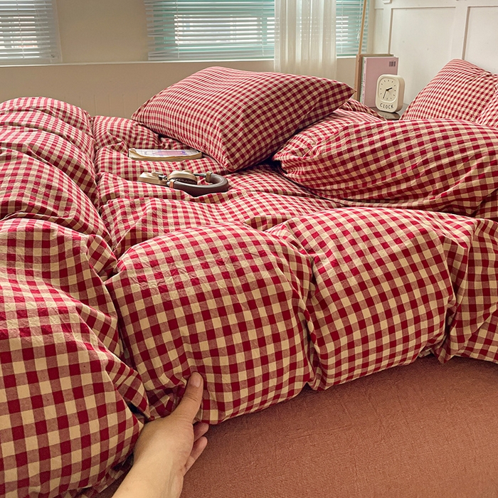 91家纺网 家纺一手货源 找家纺 大柏树 2025新款全棉水洗棉套件-床单四件套 云素红