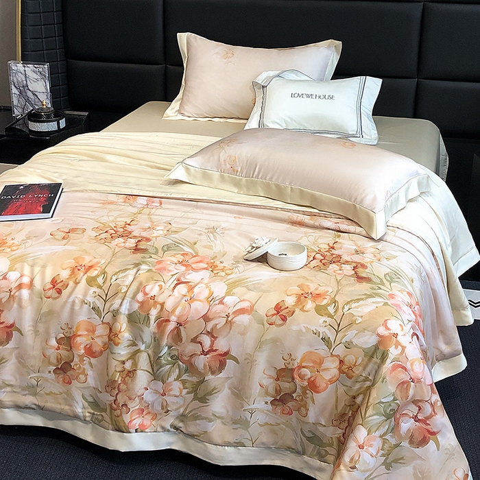 91家纺网 家纺一手货源 找家纺 若未家居 LOVEWE HOUSE 2025新款兰精天丝印花夏被及夏被四件套 花西子 米（床单款+床盖款）
