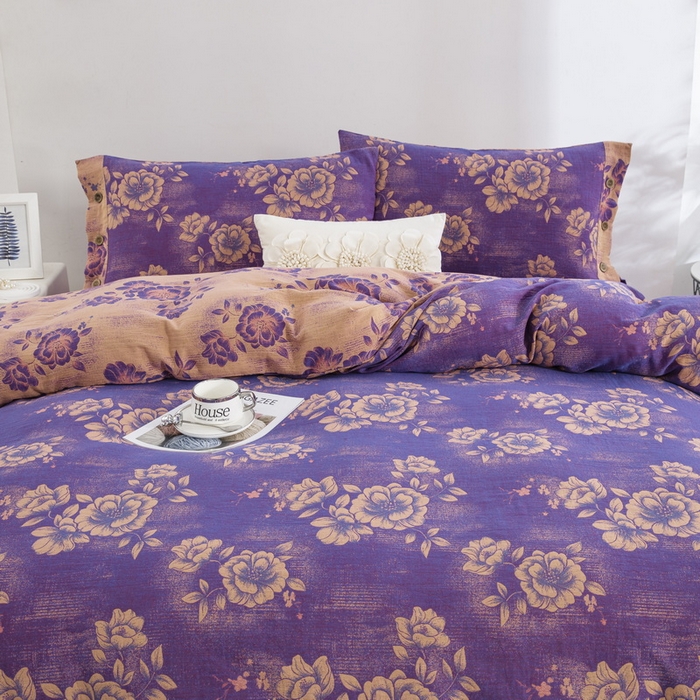 91家纺网 家纺一手货源 找家纺 2025新款全棉色织双层纱纽扣款四件套 云纱-紫罗兰