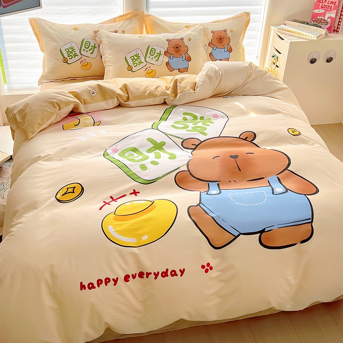 91家纺网 家纺一手货源 找家纺 2025新款原创设计卡皮巴拉全棉四件套-有作品登记证书 发财巴拉