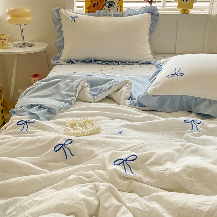 91家纺网 家纺一手货源 找家纺 （总）2025新款绣花双层纱针织棉夏被床盖四件套全棉夏被四件套