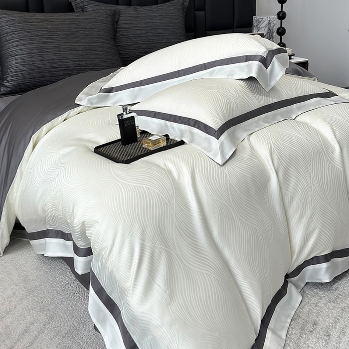 91家纺网 家纺一手货源 找家纺 若未家居 LOVEWE HOUSE 2025新款天丝提花套件撞色轻奢风四件套-天丝布拉格 天丝布拉格 奶昔白