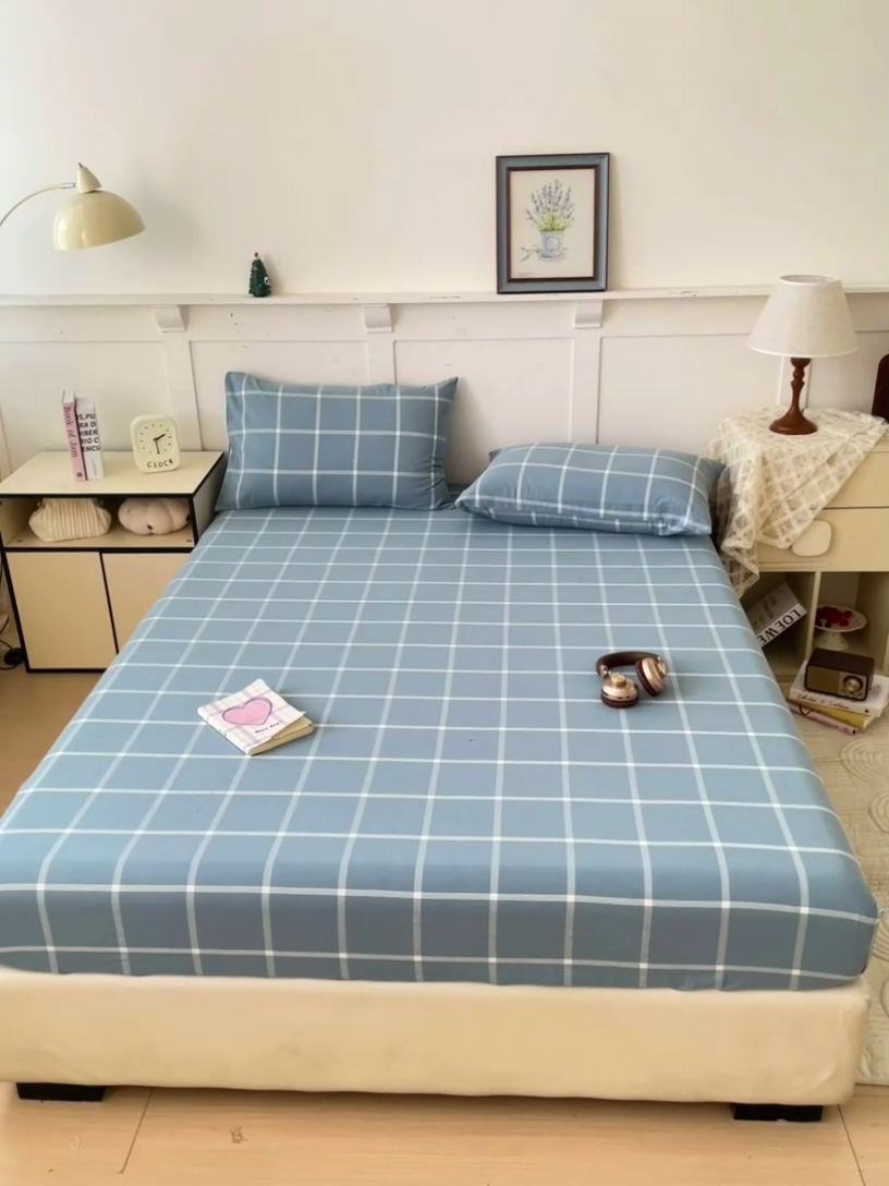 91家纺网 家纺一手货源 找家纺 2025新款全棉水洗棉套件-单床笠 蓝灰中格