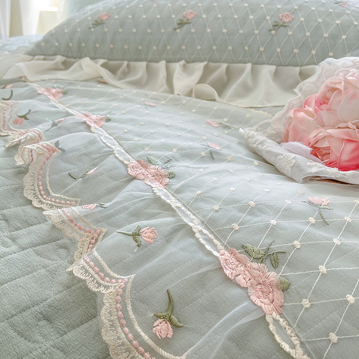 91家纺网 家纺一手货源 找家纺 网红馆（ck家纺） 2025新款优舒棉蕾丝花边床裙四件套-玛格丽 水绿