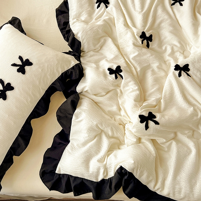 91家纺网 家纺一手货源 找家纺 梦之岛 2025新款韩版小泡泡水洗棉毛巾绣四件套-蝶梦 蝶梦蝴蝶结-奶白