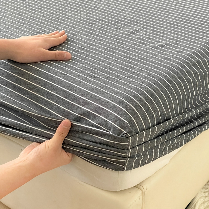 91家纺网 家纺一手货源 找家纺 2025新款全棉水洗棉套件-单床笠 灰细条