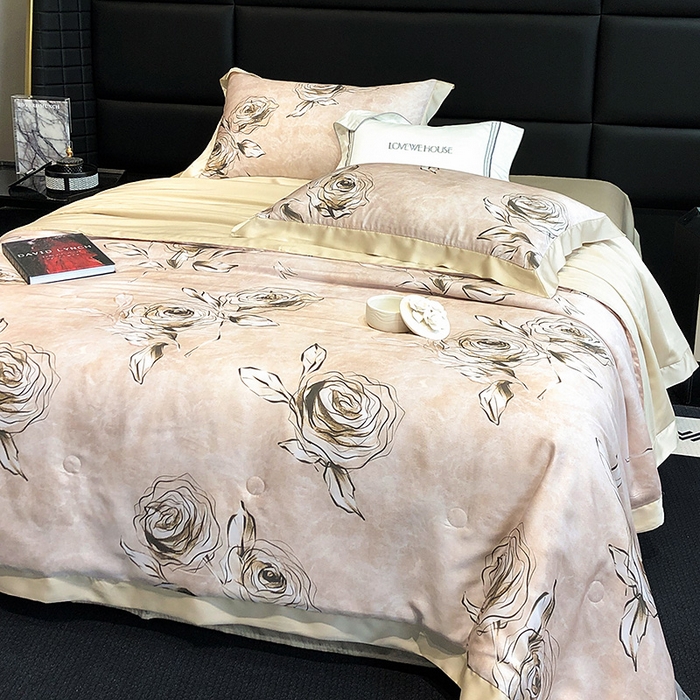 91家纺网 家纺一手货源 找家纺 若未家居 LOVEWE HOUSE 2025新款兰精天丝印花夏被及夏被四件套 叶罗丽玫瑰 米（床单款+床盖款）