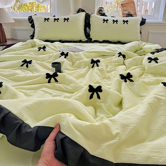 91家纺网 家纺一手货源 找家纺 梦之岛 2025新款韩版小泡泡水洗棉毛巾绣四件套-蝶梦 蝶梦蝴蝶结-绿