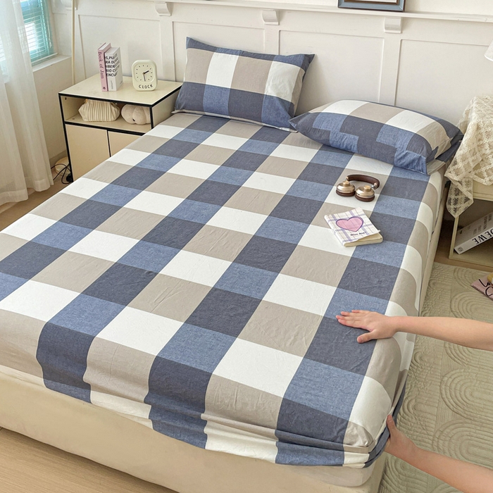 91家纺网 家纺一手货源 找家纺 2025新款全棉水洗棉套件-单床笠 蓝大格