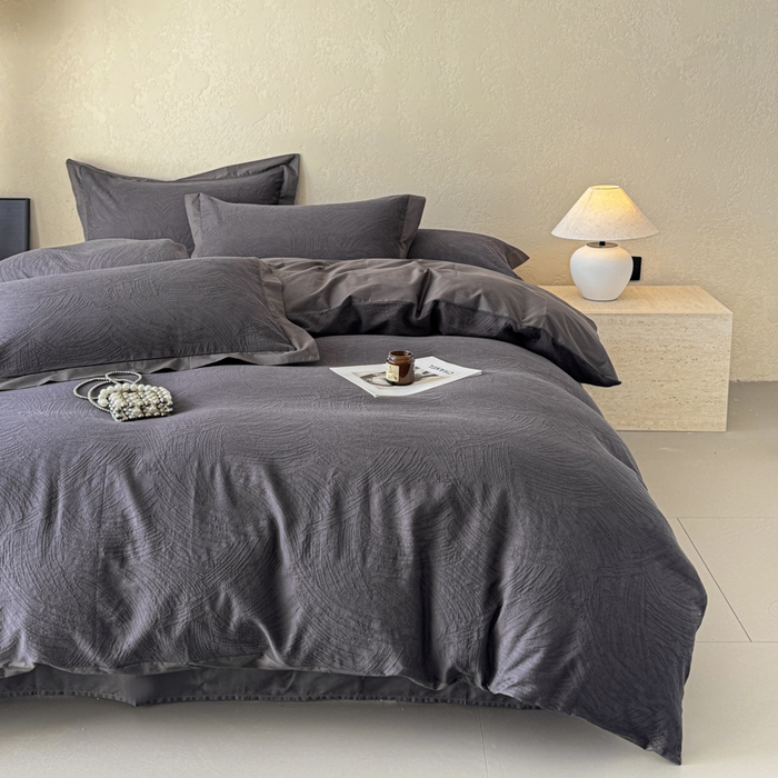 91家纺网 家纺一手货源 找家纺 若未家居 LOVEWE HOUSE 2025新款50S色织空气层水洗大提花全棉四件套 流光-碳素灰