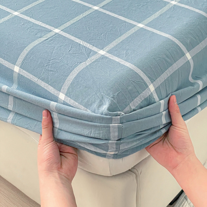 91家纺网 家纺一手货源 找家纺 2025新款全棉水洗棉套件-单床笠 蓝灰中格