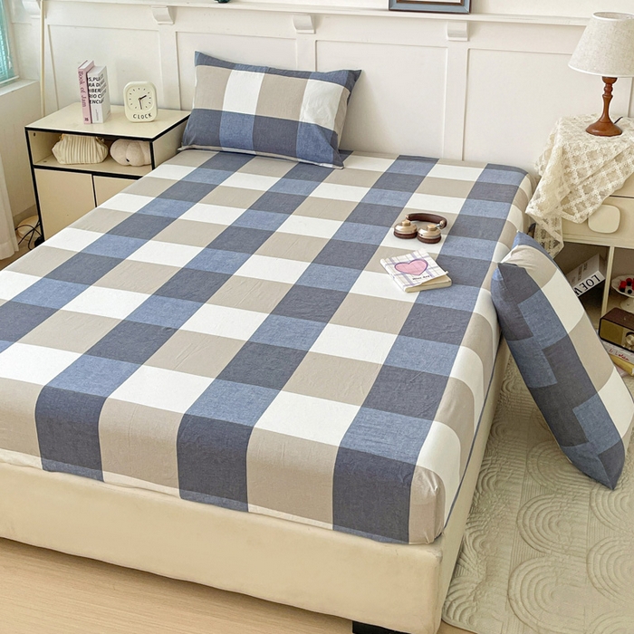 91家纺网 家纺一手货源 找家纺 2025新款全棉水洗棉套件-单床笠 蓝大格