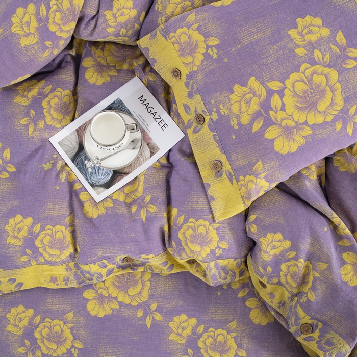 91家纺网 家纺一手货源 找家纺 2025新款全棉色织双层纱纽扣款四件套 云纱-浅紫