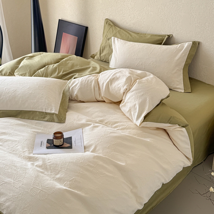 91家纺网 家纺一手货源 找家纺 若未家居 LOVEWE HOUSE 2025新款50S色织空气层水洗大提花全棉四件套 梦蝶-春日白