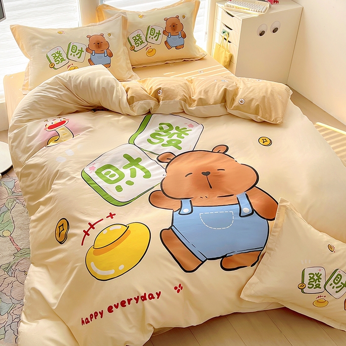 91家纺网 家纺一手货源 找家纺 2025新款原创设计卡皮巴拉全棉四件套-有作品登记证书 发财巴拉