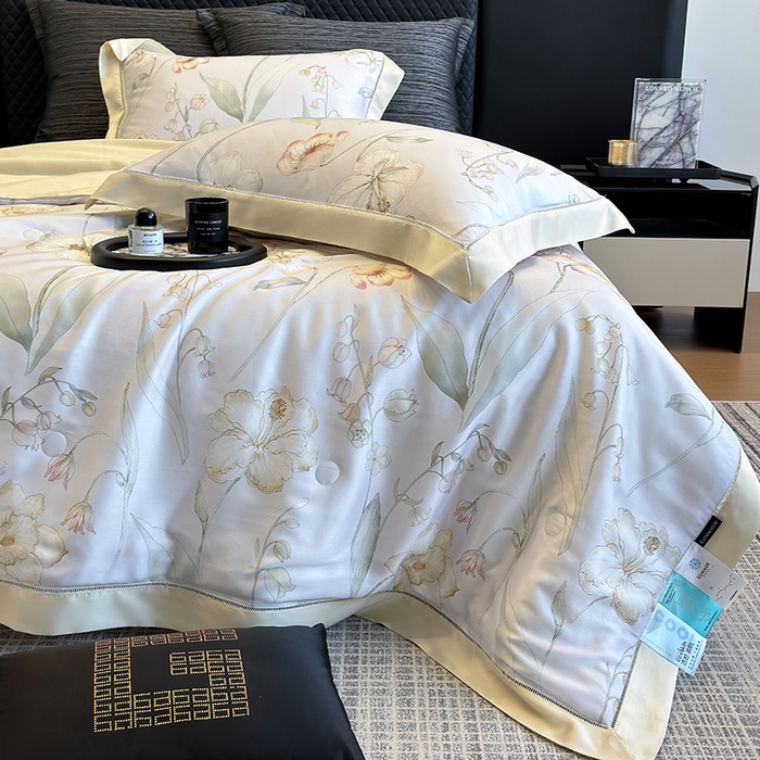 91家纺网 家纺一手货源 找家纺 若未家居 LOVEWE HOUSE 2025新款兰精天丝印花夏被及夏被四件套 西子铃兰（床单款+床盖款）