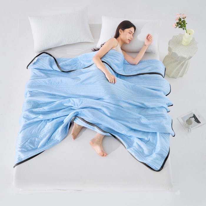 91家纺网 家纺一手货源 找家纺 丝薇雅 2025新款凉感丝夏被冰淇淋夏凉被 黑边-条纹天蓝