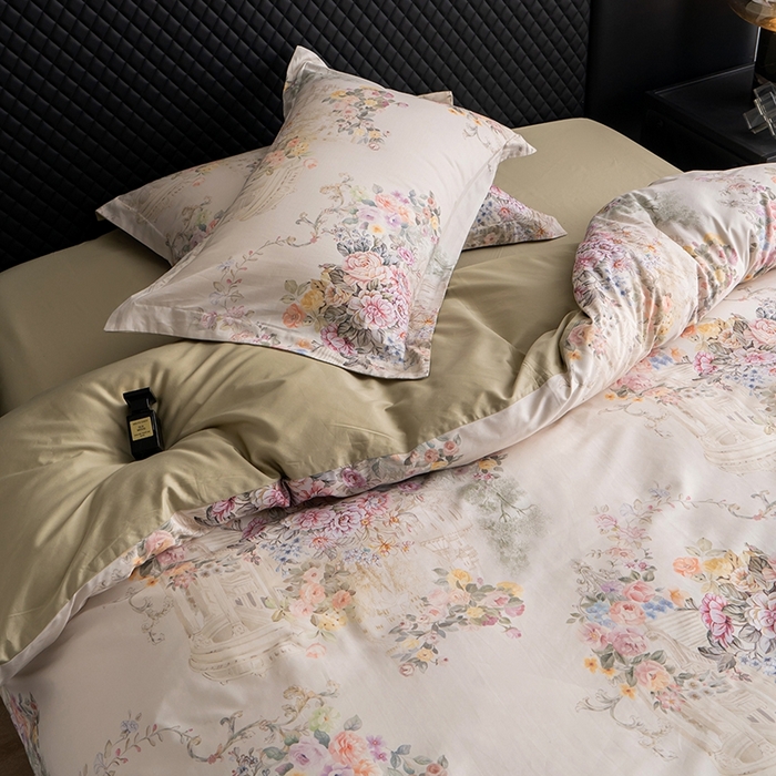 91家纺网 家纺一手货源 找家纺 皇寝世家家居 2025新款60S新疆长绒棉数码印花全棉床上四件套纯棉床品套件 花城-绿