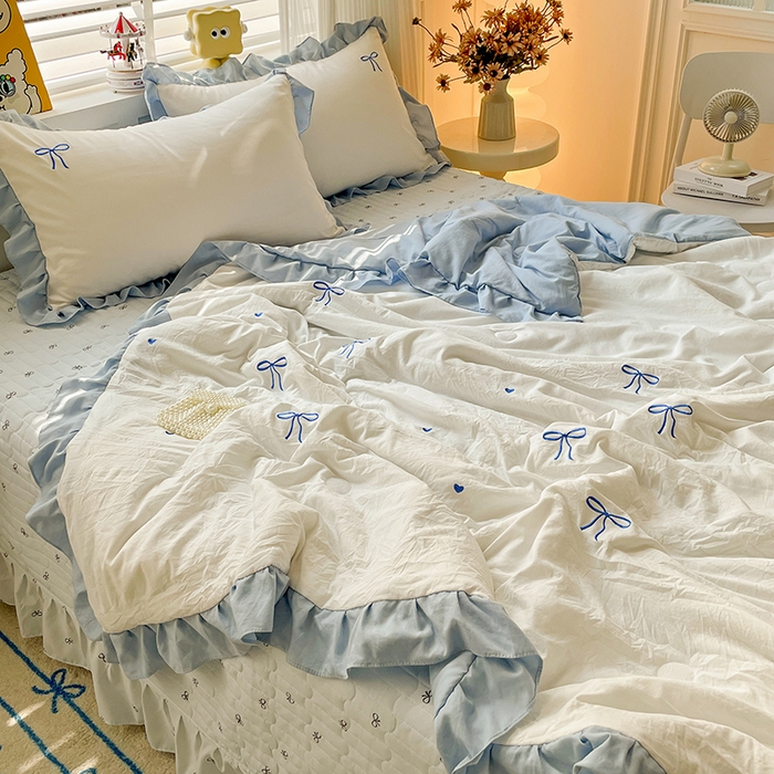 91家纺网 家纺一手货源 找家纺 （总）2025新款绣花双层纱针织棉夏被床盖四件套全棉夏被四件套