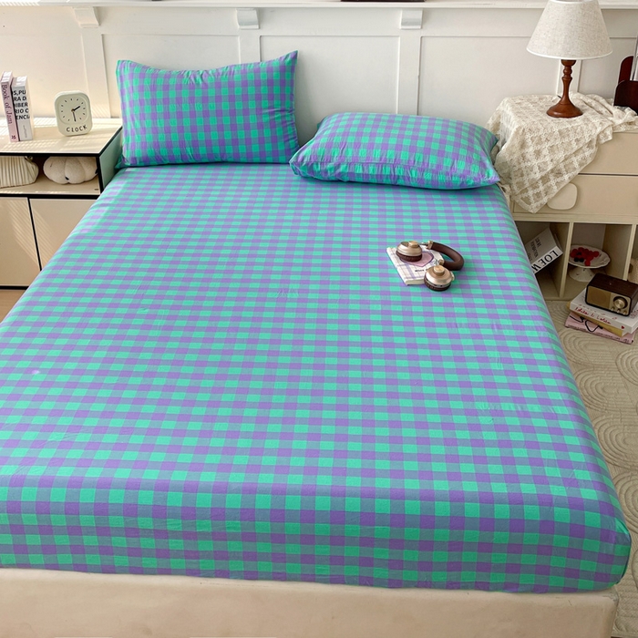 91家纺网 家纺一手货源 找家纺 2025新款全棉水洗棉套件-单床笠 绿紫中格