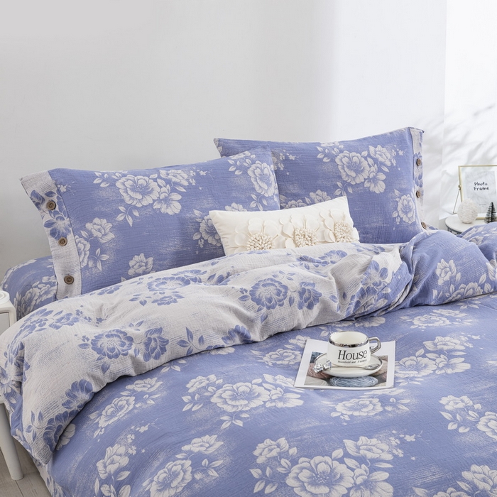 91家纺网 家纺一手货源 找家纺 2025新款全棉色织双层纱纽扣款四件套 云纱-浅兰