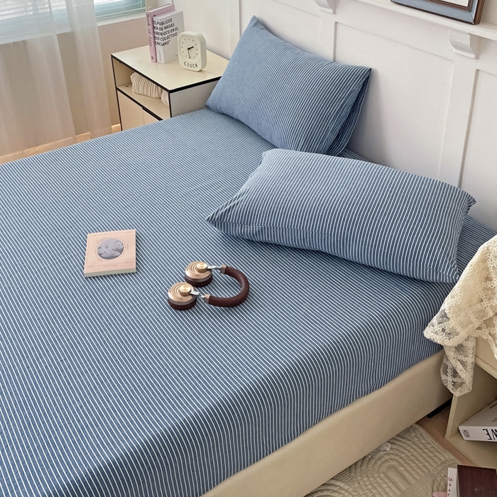 91家纺网 家纺一手货源 找家纺 2025新款全棉水洗棉套件-单床笠 蓝细条