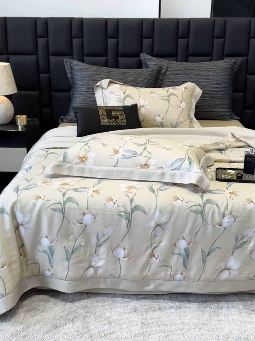 91家纺网 家纺一手货源 找家纺 若未家居 LOVEWE HOUSE 2025新款兰精天丝印花夏被及夏被四件套 玉兰白雪（床单款+床盖款）