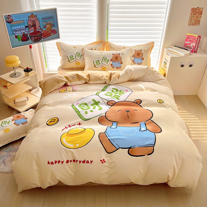 91家纺网 家纺一手货源 找家纺 2025新款原创设计卡皮巴拉全棉四件套-有作品登记证书 发财巴拉