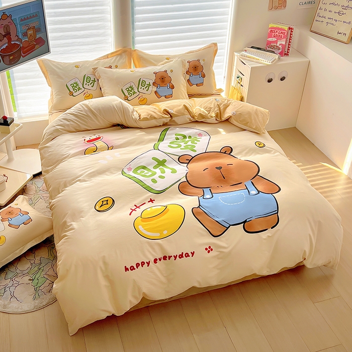 91家纺网 家纺一手货源 找家纺 2025新款原创设计卡皮巴拉全棉四件套-有作品登记证书 发财巴拉