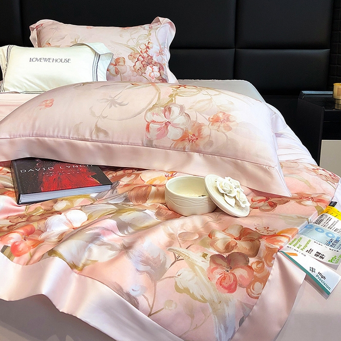 91家纺网 家纺一手货源 找家纺 若未家居 LOVEWE HOUSE 2025新款兰精天丝印花夏被及夏被四件套 花西子 粉（床单款+床盖款）
